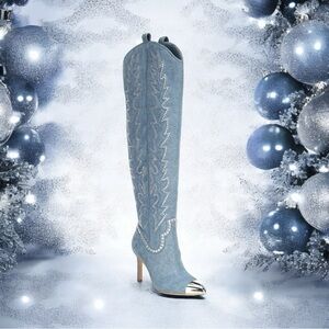 Gianni Bini Light Blue Over-the-Knee Western Stiletto Boots with Silver Toe